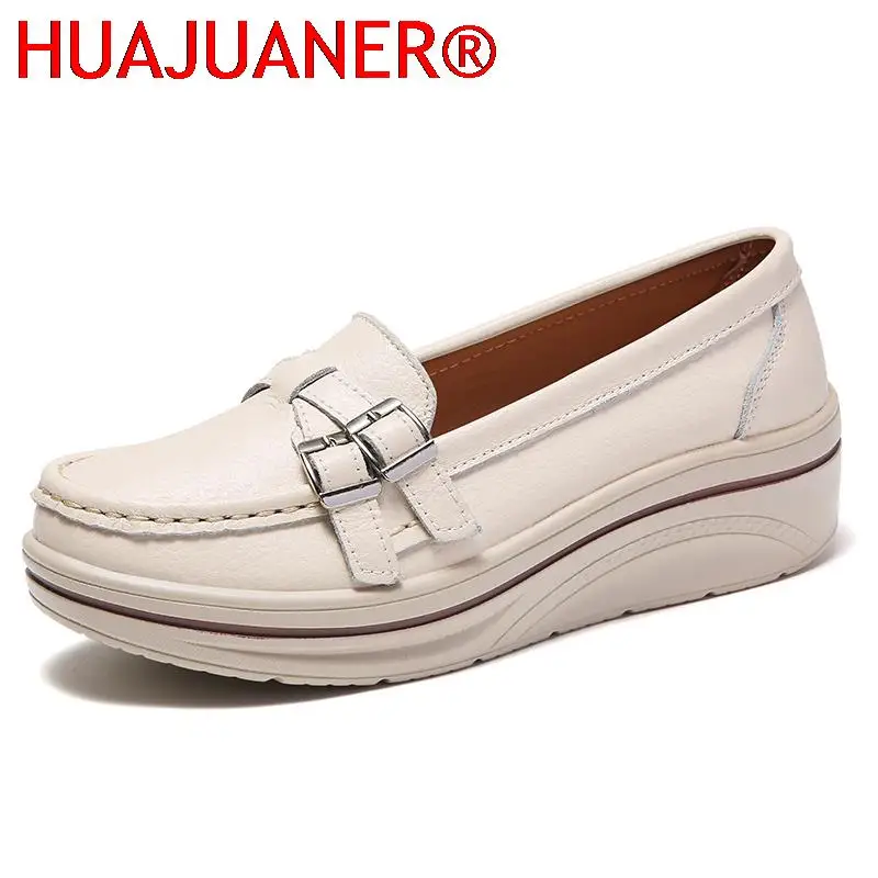 2025 Spring Autumn Women Flats Platform Loafers Ladies Leather Comfort Wedge Moccasins Orthopedic Slip On Casual Shoes plus size