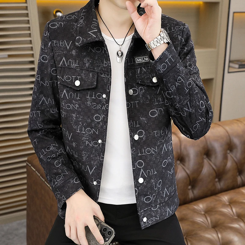 

Korean Autumn Letter Printed Jacket for Men Slim Fit Long Sleeve Casual Jackets Fashion Business Social Office Outdoor Coats