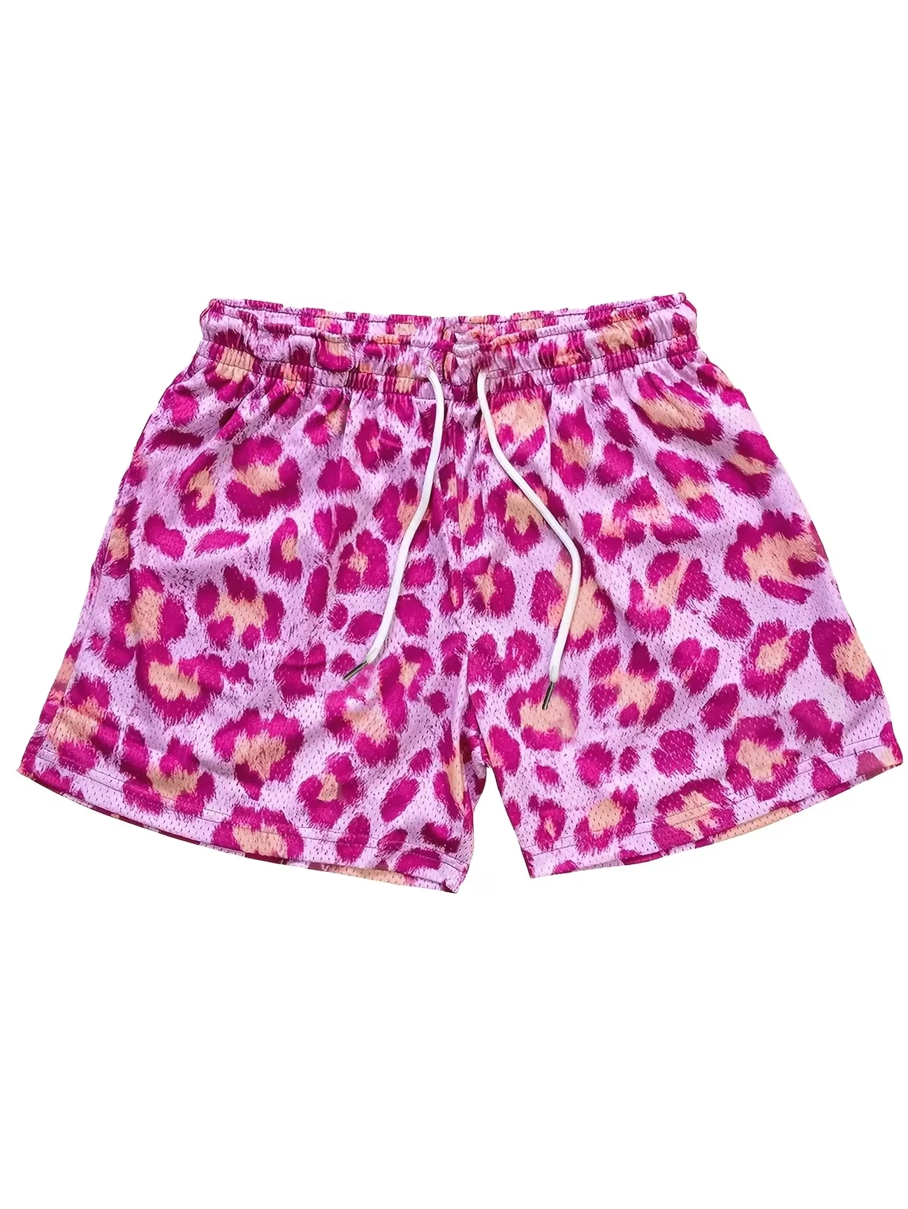 

2026 Men's Pink Leopard Print Mesh Basketball Shorts with Drawstring Y2K Oversized Casual Pants Suitable F