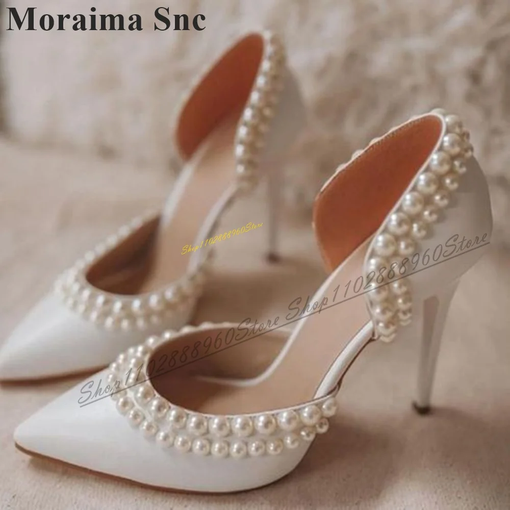 White Side Empty Pearl Decoration Pumps Thin High Heel Shoes For Women Slip On Pointed Toe 2024 Fashionable Zapatos Para Mujere