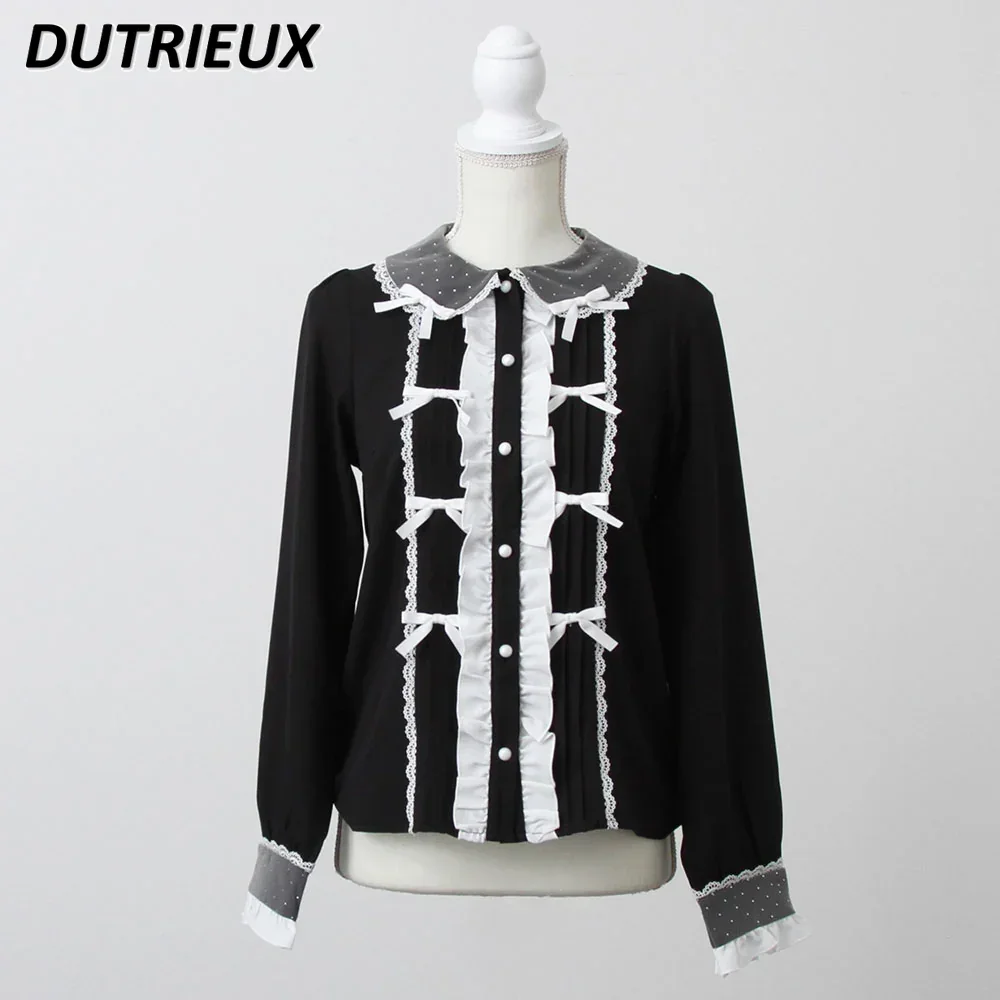 

Spring Autumn Japanese Sweet and Cute Lolita Shirt Bow Lace Splicing Casual Blouses Solid Color Inner Long Sleeve Tops for Women