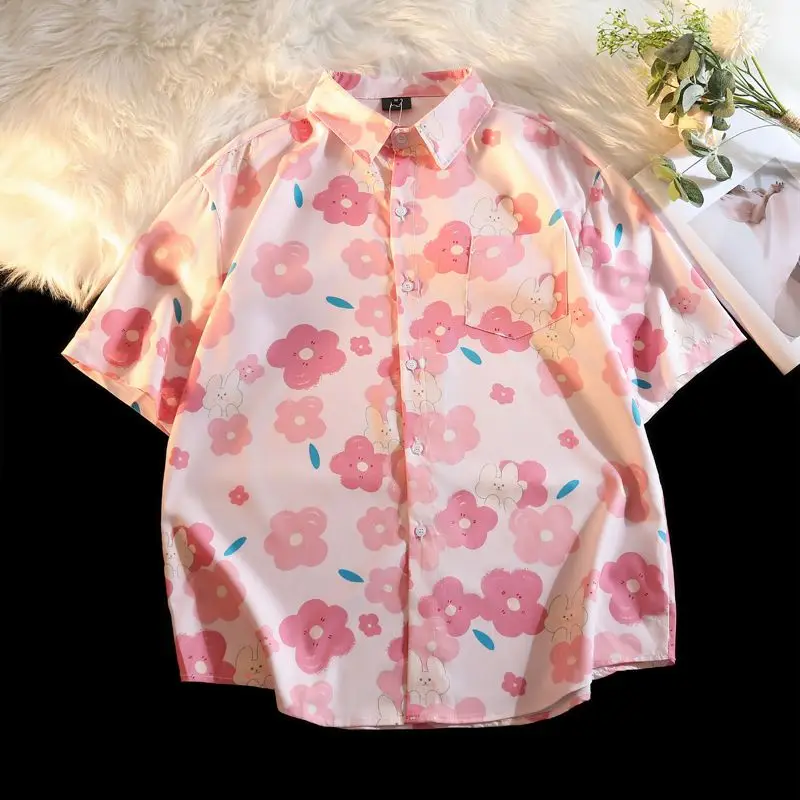 XEJ Japanese Harajuku Fashion Kawaii Shirt Pink Short Sleeved Shirt Women\'s 2024 Summer New Flower Top Oversized Shirt