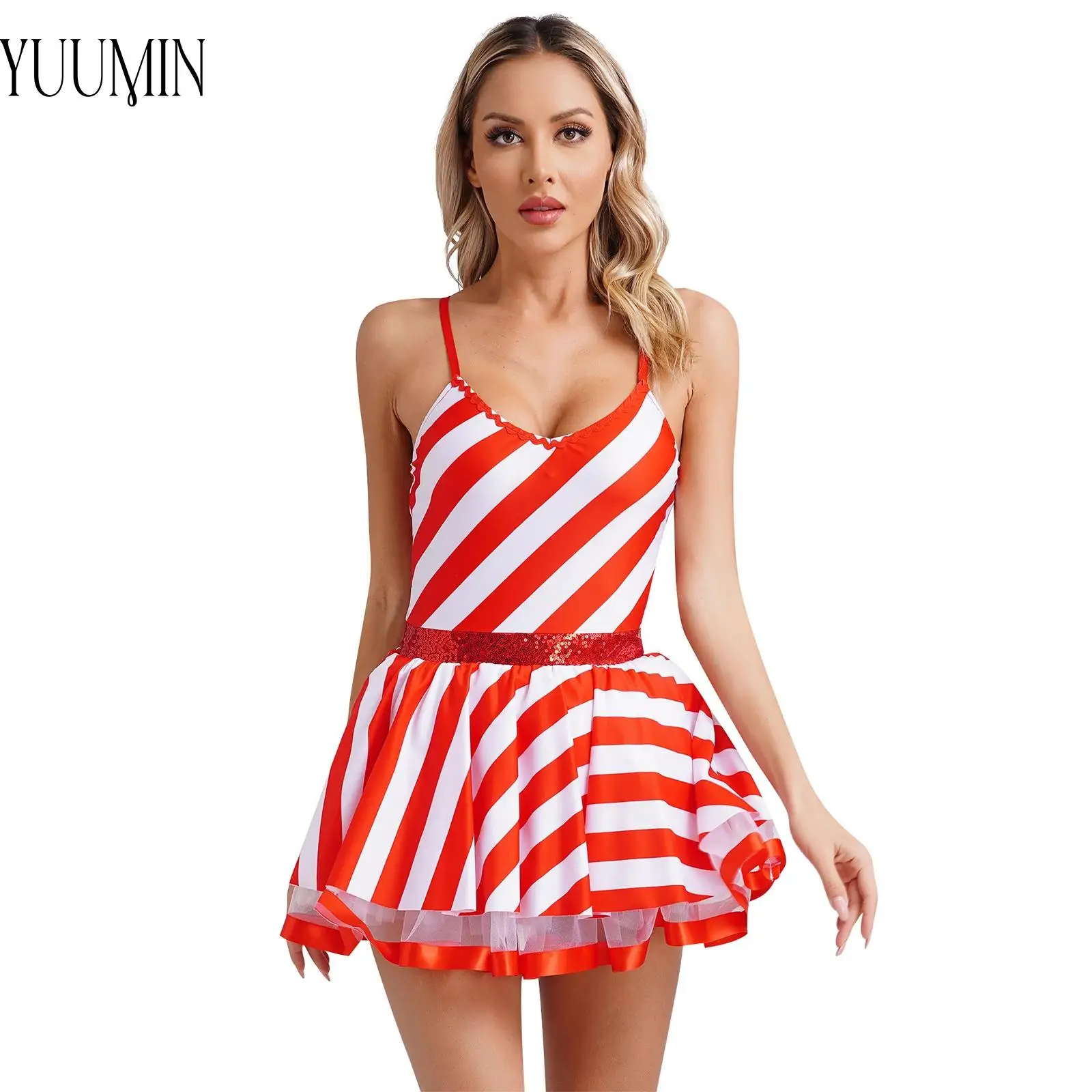 Women Christmas Candy Cane Dancing Costumes Spaghetti Straps V Neck Tulle Underskirt Striped Tutu Dress for Xmas Holiday Party