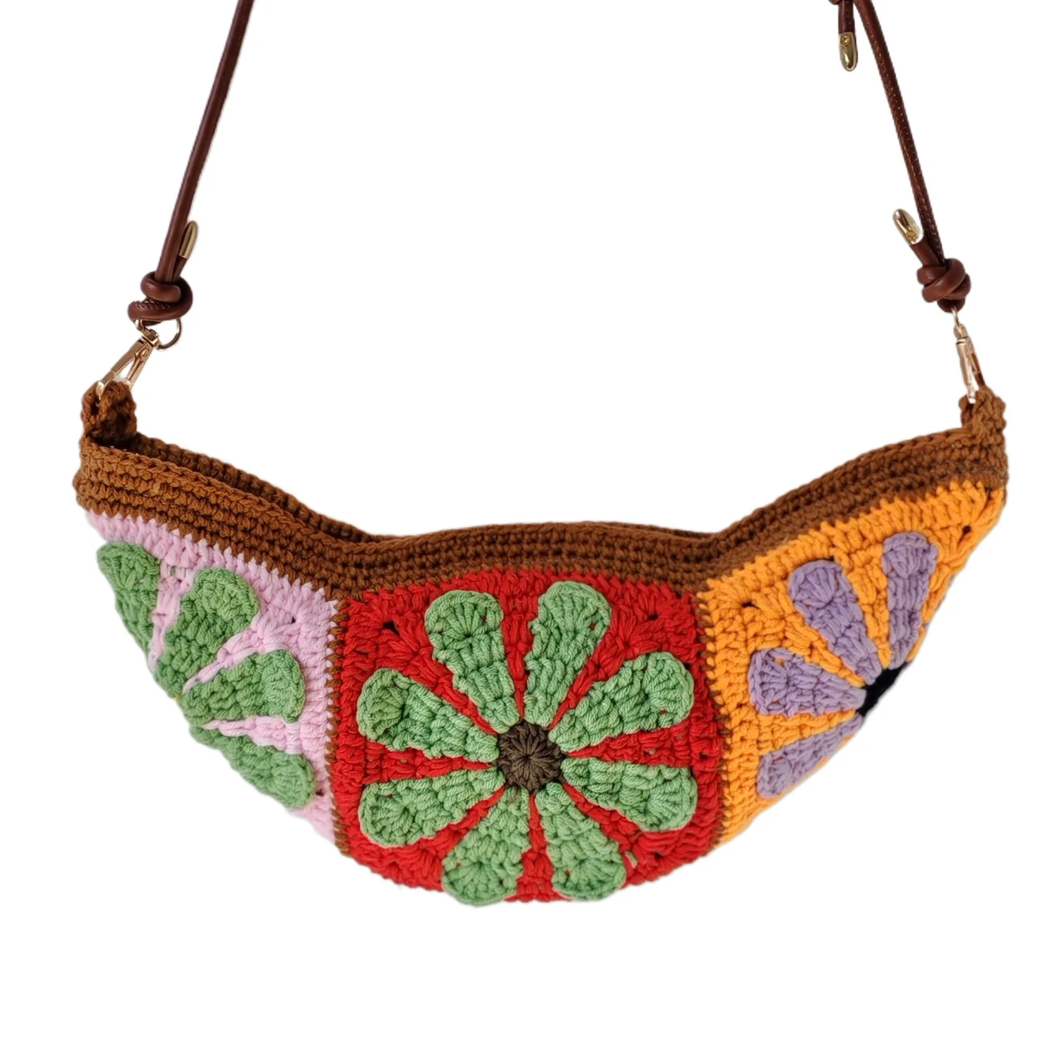 Handmade Crochet Crossbody Bag Granny Square Dumpling Bag | Vintage Floral Knit Shoulder Bag | Lightweight Fashion Mini Pouch Fo