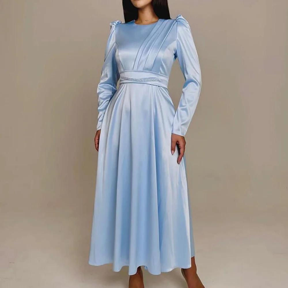 Exquisite Crystal Off the Shoulder Satin Evening Dresses Fashion A-Line Ankle Length Crew neck Long Sleeves Homecoming Dress