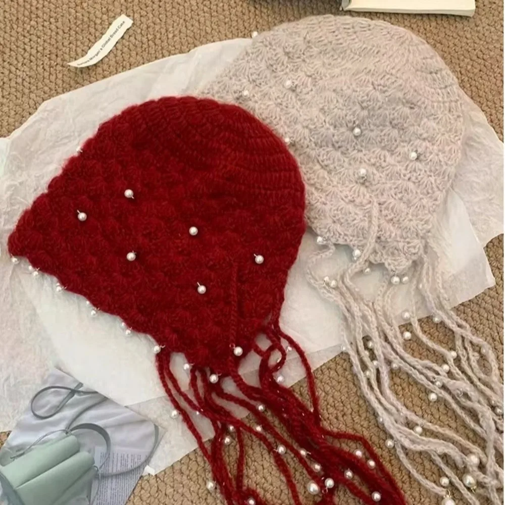 Elegant Hollow Out Knitted Pullover Hat Pearl Tassel Winter Warm Fringed Beanie Cap Stretchable Pendant Headband Hat for Women