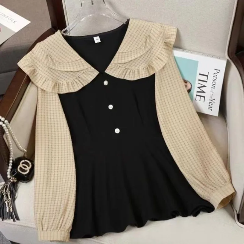 Women\'s Large Size Long Sleeved Shirt Spring Autumn New Fashion Peter Pan Collar Ruffles Patchwork Button Striped Pullover Tops