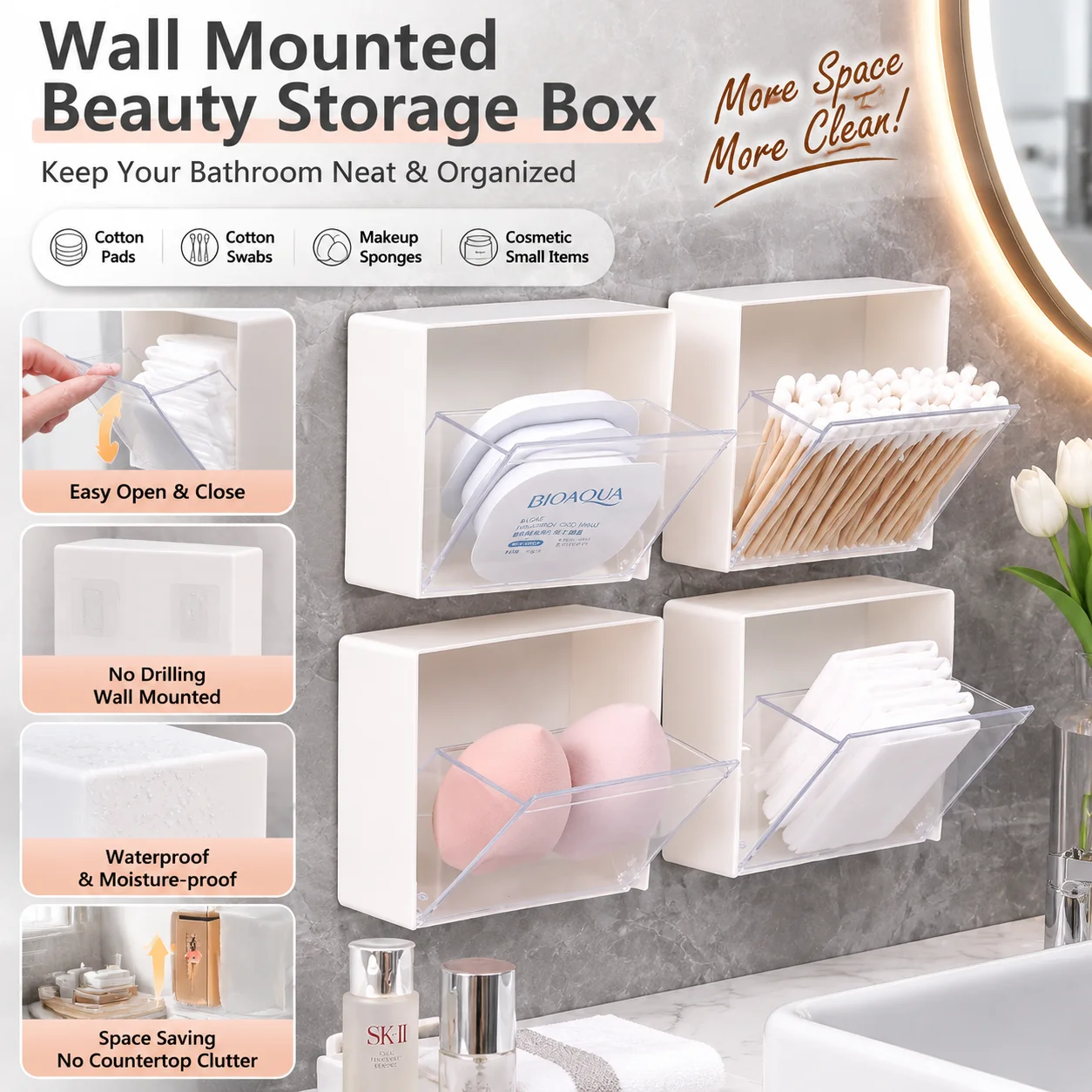 Wall Mounted Cotton Pad Holder Bathroom Storage Box No Drilling Makeup Organizer for Cotton Swabs Beauty Sponge Women Home