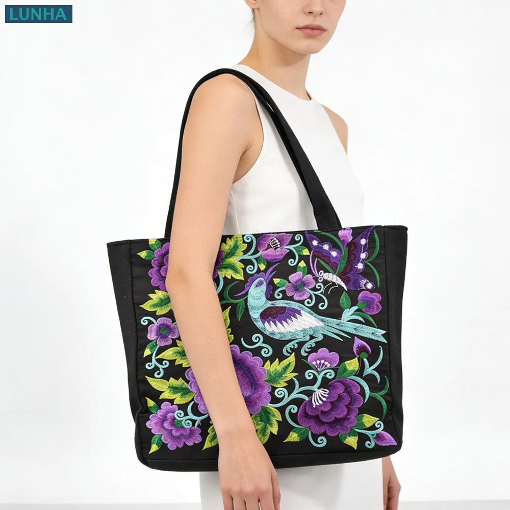 

Women's Embroidered Peony Flower Tote Bag Bohemian Canvas Shoulder Shopping Bag Large Capacity Handbag