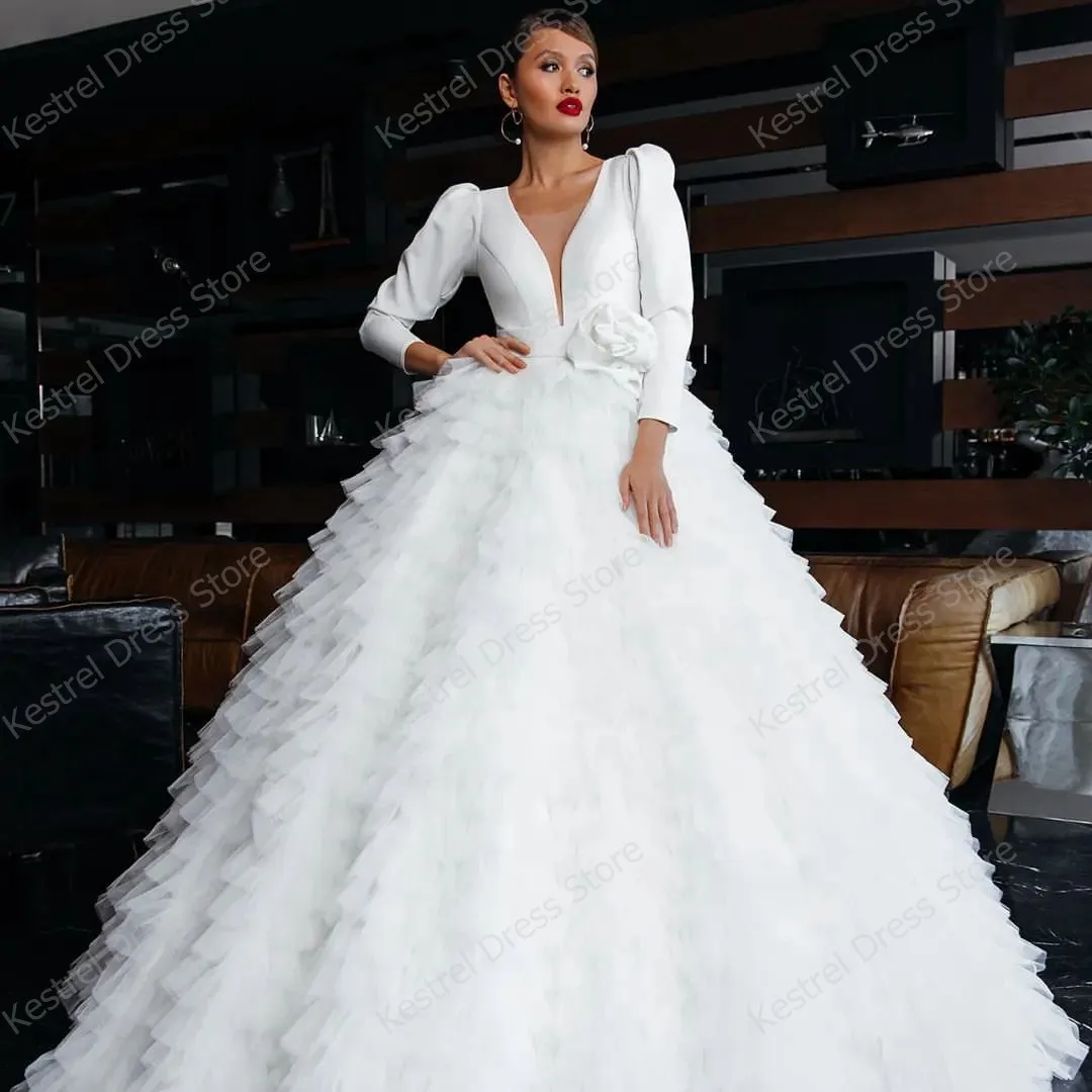 Gorgeous V-Neck Long Sleeve Stain Suit Top Wedding Dresses Puffy A-line Tiered Ruffles Tulle Bridal Gowns Fully Pleated Prom Dre