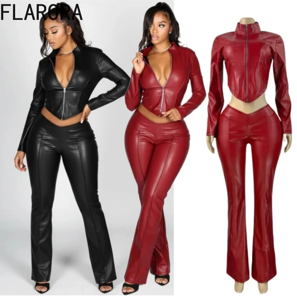

FLARORA Moto Style Pu Leather 2 Pcs Sets Woman Half High Collar Long Sleeve Zip Crop Jackets And Flare Pants Street Tracksuits