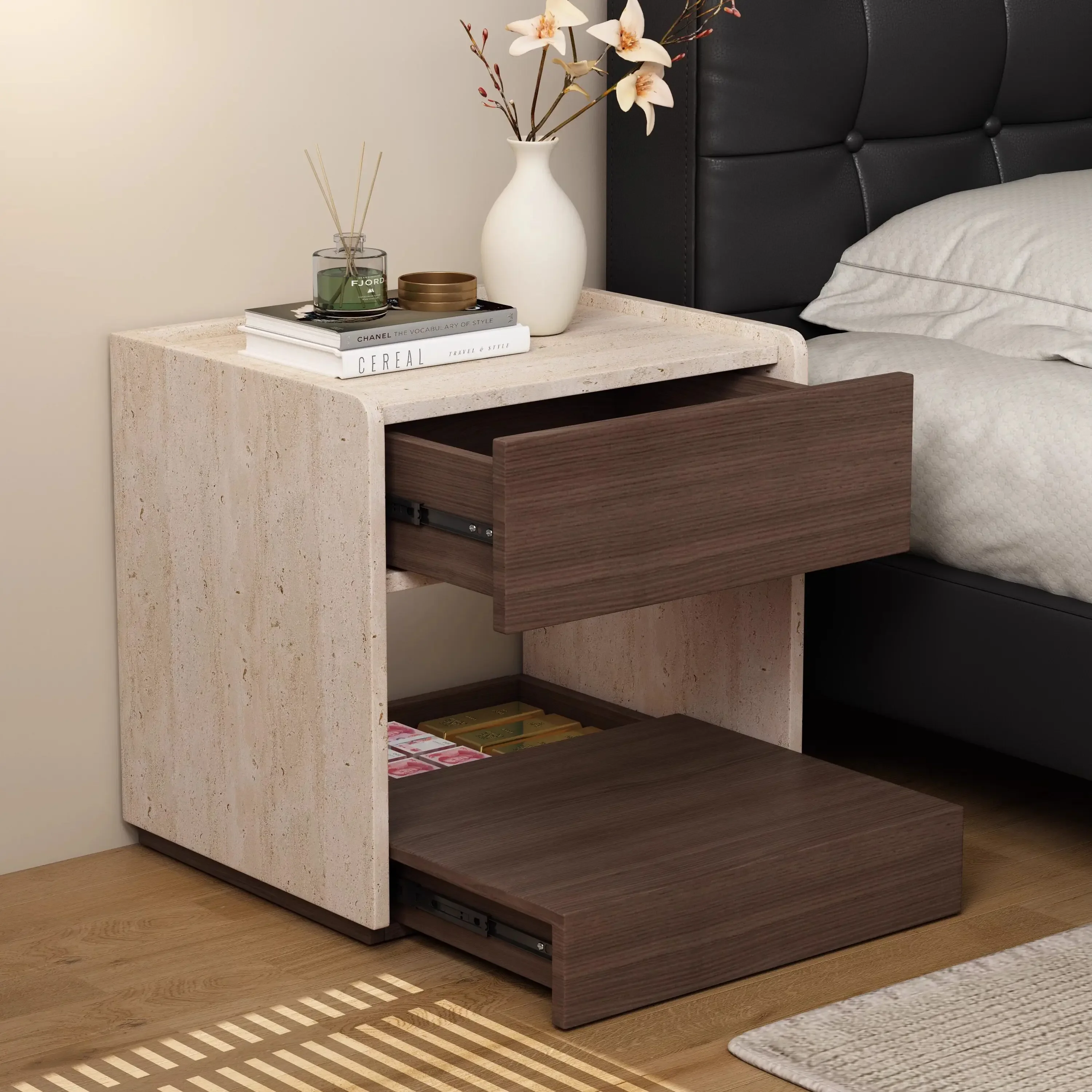 travertine solid wood hidden grid bedside cabinet bedroom light luxury
