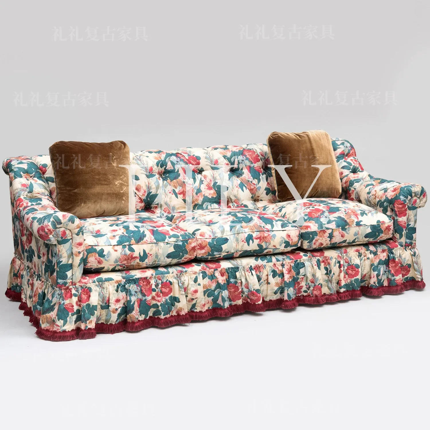 Xx French printed solid wood sofa pastoral villa living room skirt straight sofa