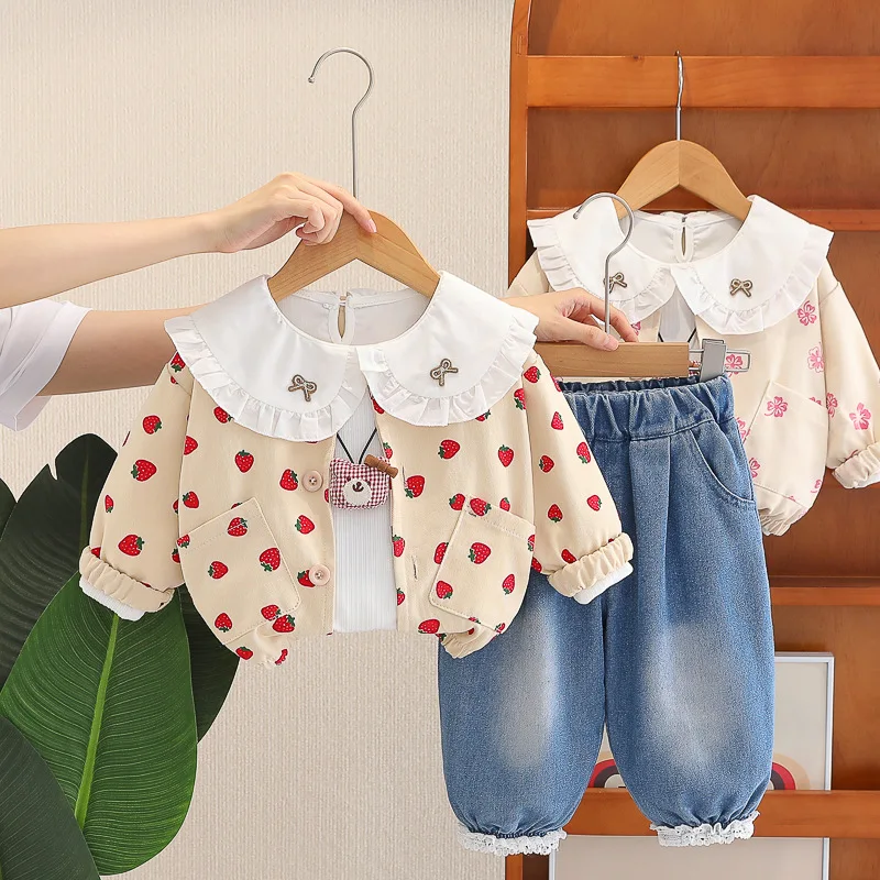 

Новый весенне-осенний модный комплект одежды для маленьких девочек, детская куртка, футболка, брюки, 3 шт./компл., повседневный костюм для младенцев, детские спортивные костюмы