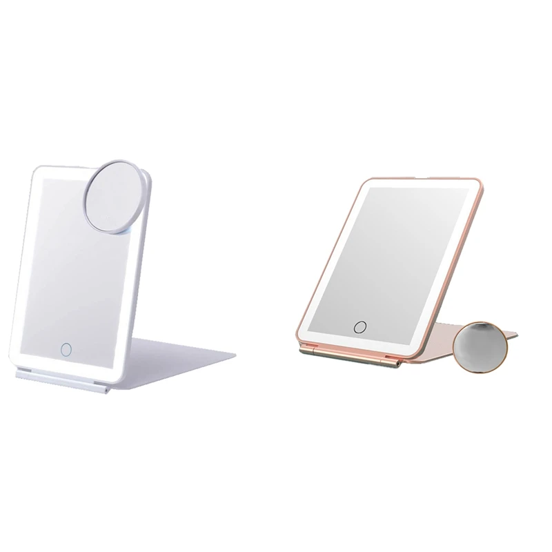 1 Set LED Mirror Portable Folding With 10X HD Mirror Ultrathin Travel Charge Mirror Pink