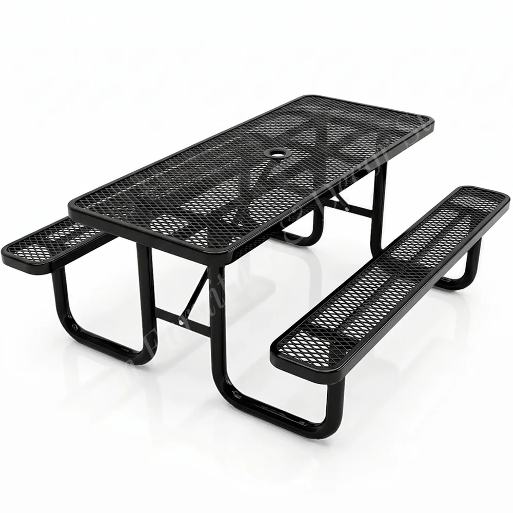 Outdoor Garden Furniture Heavy-duty 4 ft 6 ft 8 ft Plastic-coated Expanded Mesh Steel Commercial Metal Picnic Table with Bench