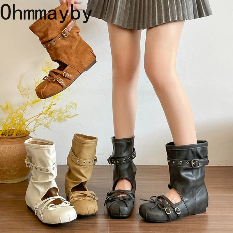 Vintage Hollow Out Sandals Boots Women's Buckle Strap Internal Elevation Shoes Concise Summer Slip On Western Short Boots