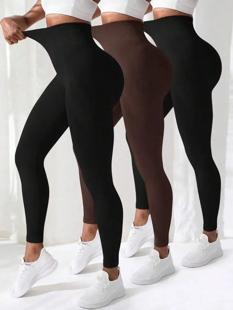 

3 Pack Solid Color High Waist Ribbed Yoga Leggings For Women