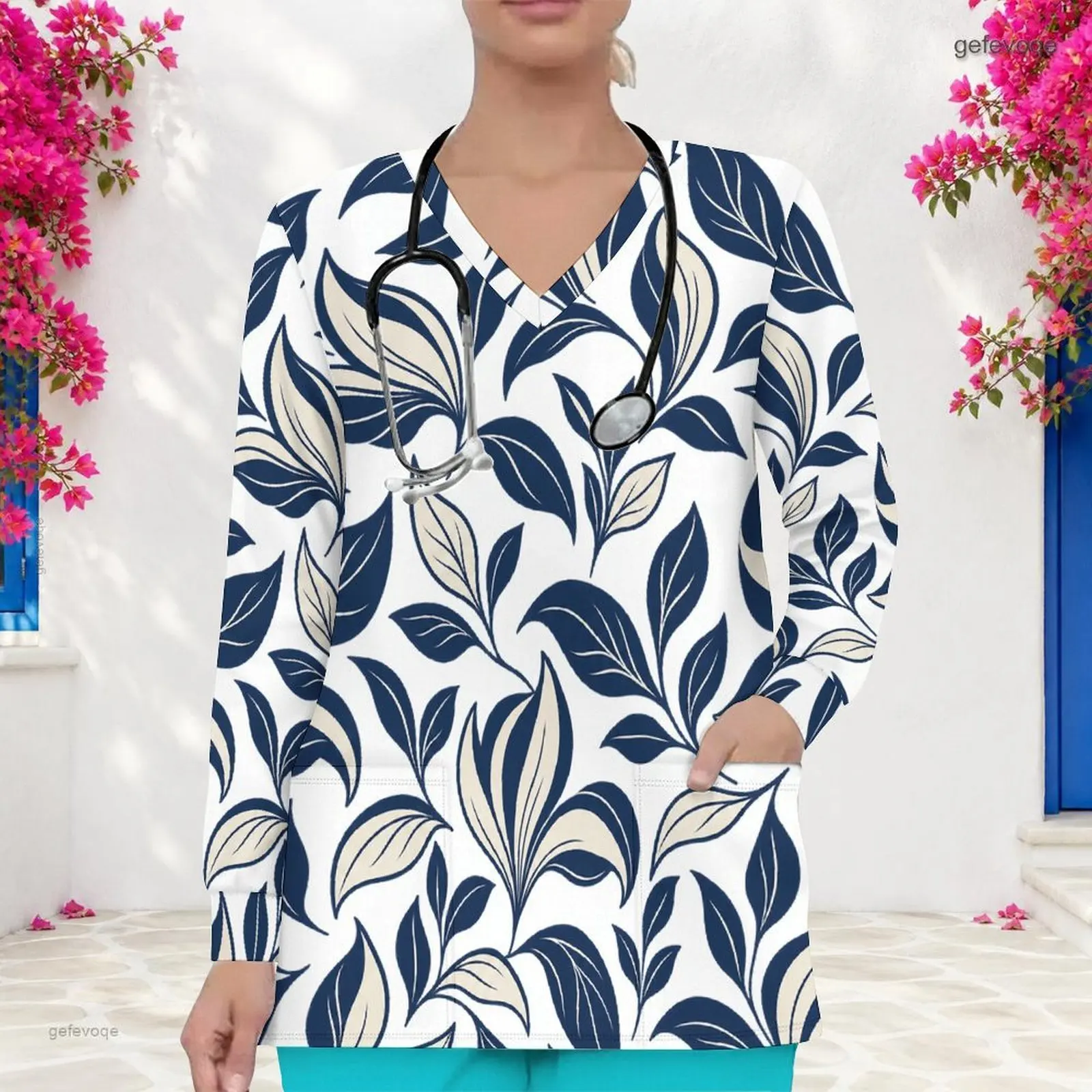 Women Leaf Print V Neck Long Sleeve Scrub Top with Front Pockets