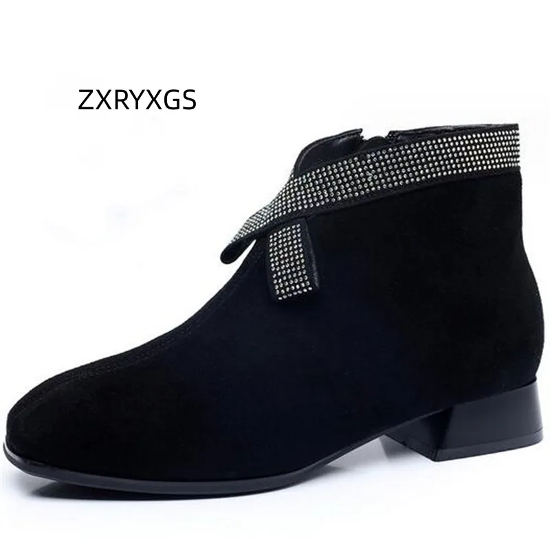 

ZXRYXGS Frosted Sheepskin Rhinestone Women Fashion Boots Low Heel Single Boots 2023 Large Size Comfort Warm Winter Boots Tide