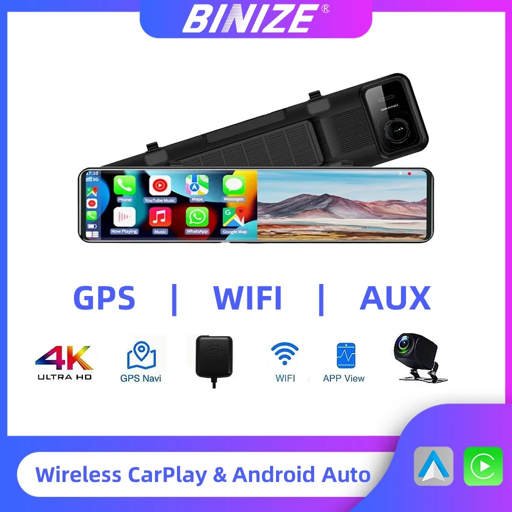 

Binize Dash Cam Car DVR Wireless Carplay & Android Auto Car Mirror Video Recording Connection AUX GPS Navigation WiFi FM