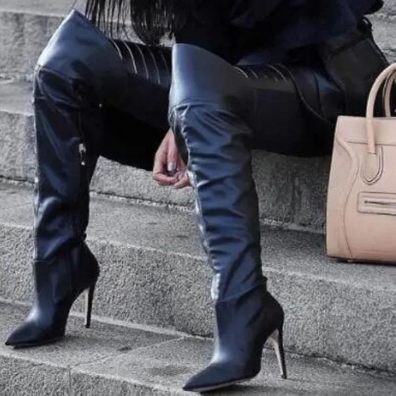 Black Leather High Heel Over The Knee Boots Wide Calf Pointed Toe Zipper Tight High Boots Winter Dress Shoes Big Size 45