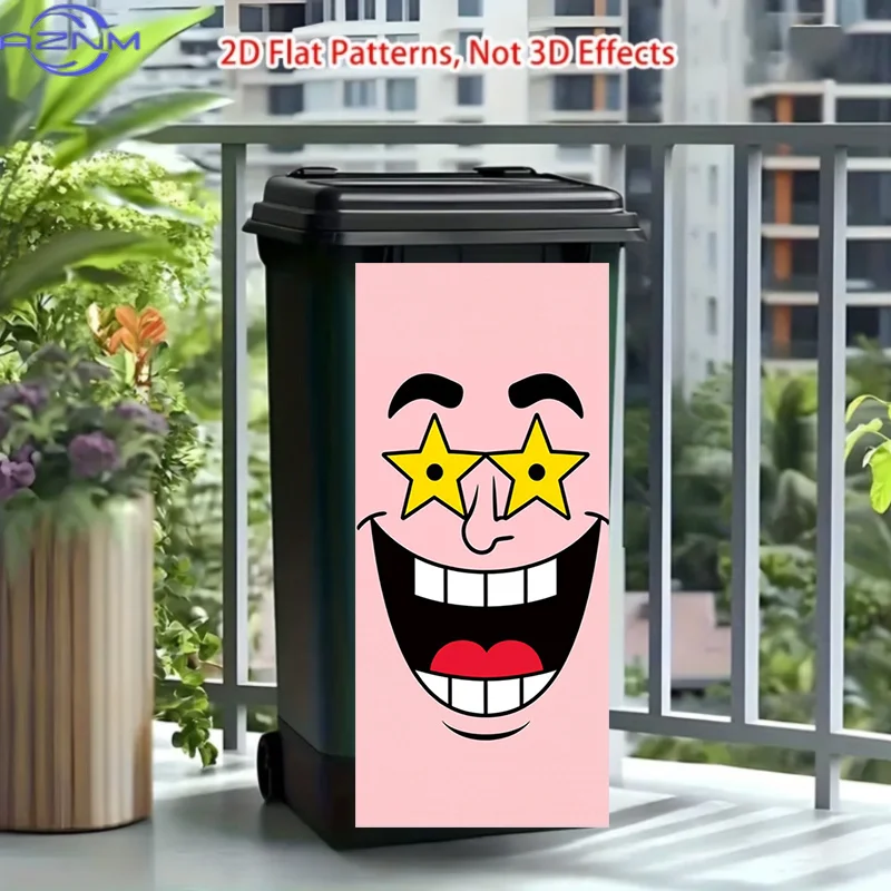 2D Flat Printing: A Trash Can Sticker Featuring a Starry-eyed Big Joyful Face Design. This Matte-finish Sticker Is Suitable fo