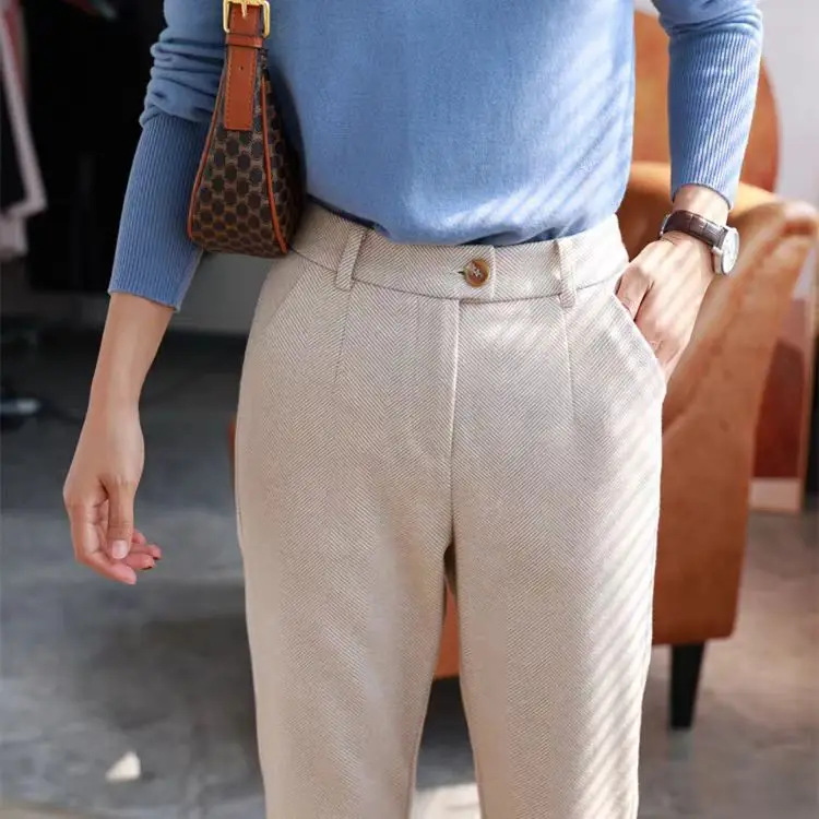 

Шерстяная женская одежда больших размеров с узором «елочка», повные пригородные костюмы, маленькие ноги, узкие и узкие зауженные брюки