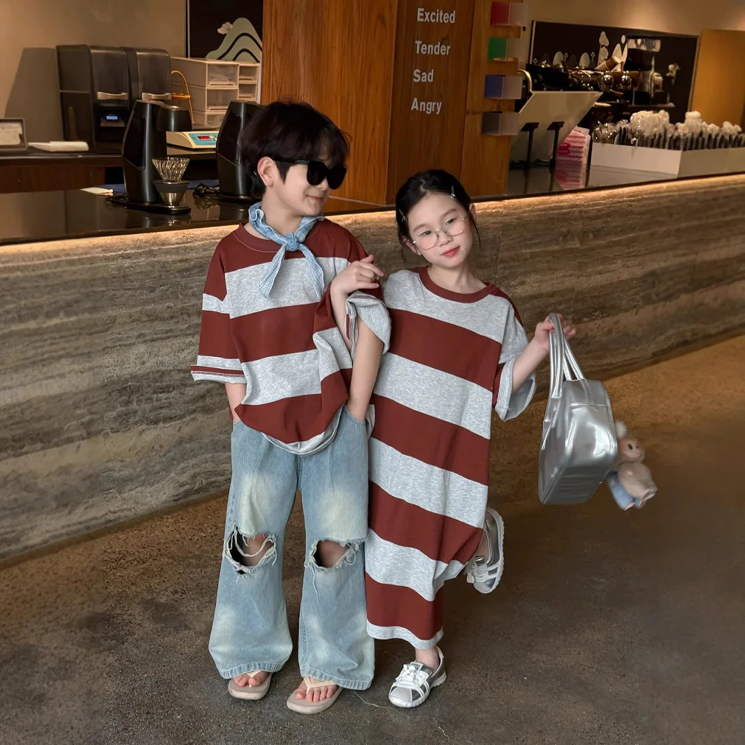 

2025 New Sibling Look Brother Sister Fashion Matching Outfit Baby Girls Loose Dresses Boys T Shirts Korean Children Twin Clothes