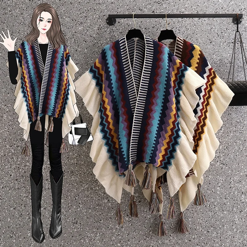 plus Size Women's Knitwear Coat  Stripes Ethnic Style Sweater Cardigan Korean Version Loose Fit V-Neck Mid-Length