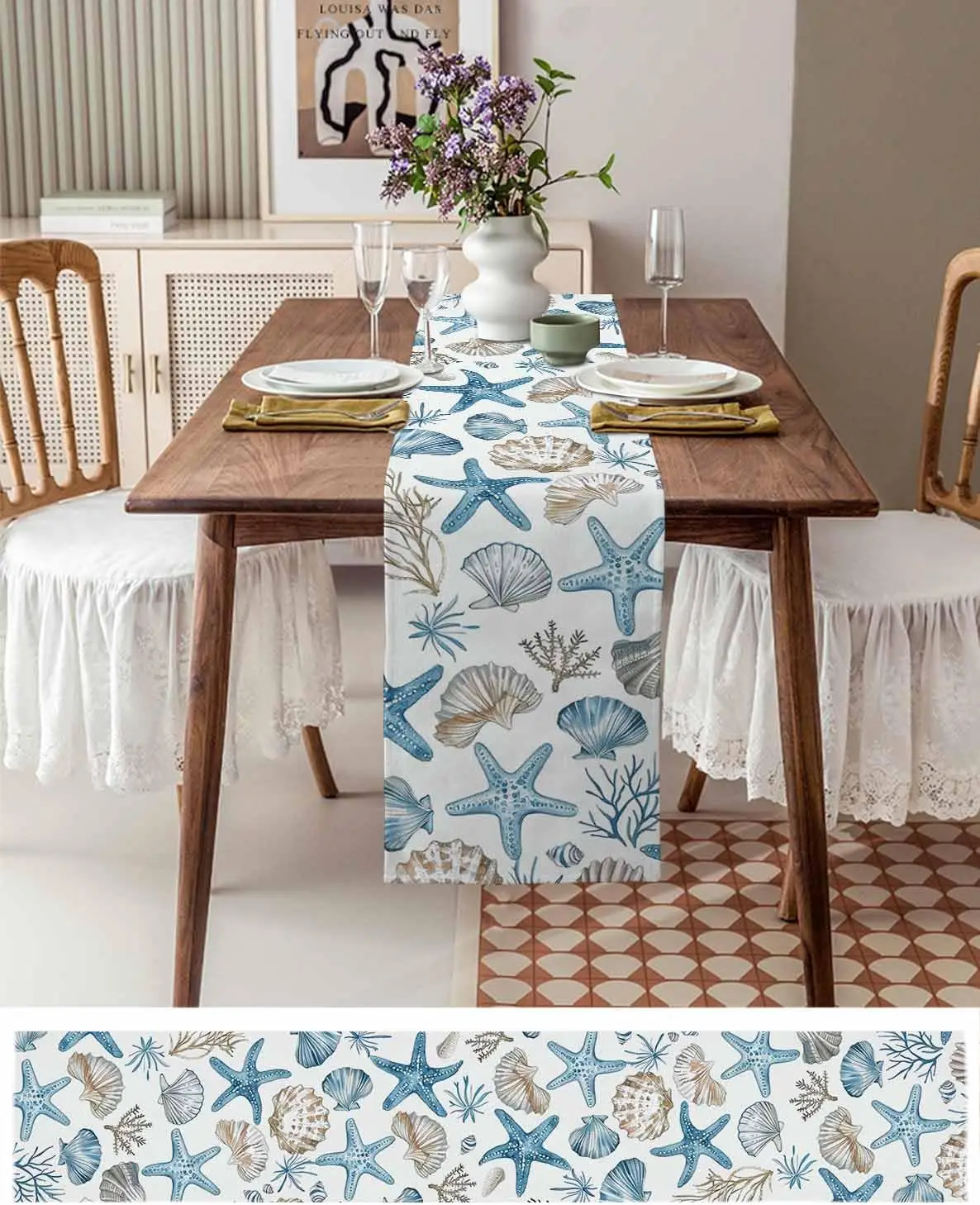 Summer Blue Starfish Seashell Coral Linen Table Runner Home Decor Reusable Marine Life Kitchen Dining Table Runners Party Decor