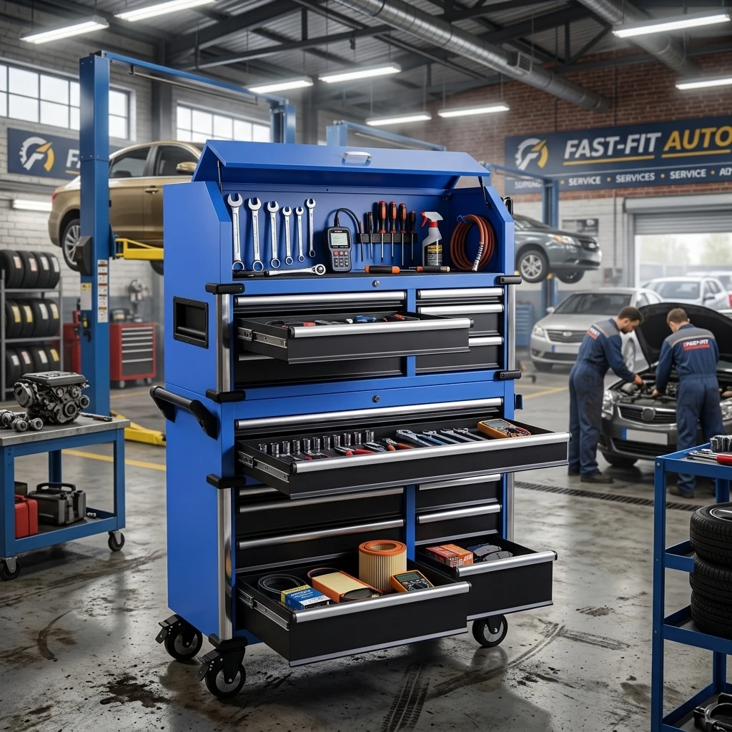 for·Premium Blue Rolling Tool Cabinet Combo Heavy Duty Metal Tool Trolley W/Power Socket 300kg Capacity Powder Coated Mechanic#