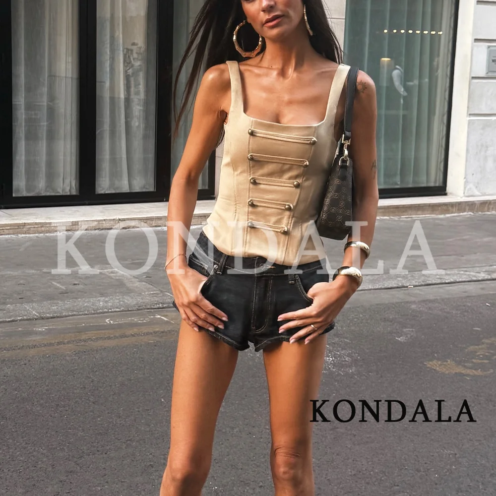 KONDALA Women Trendy High Street Sling Tops Elegant Vintage Buttons Slim Camisole New 2026 Summer Fashion Holiday Chic Tight Top