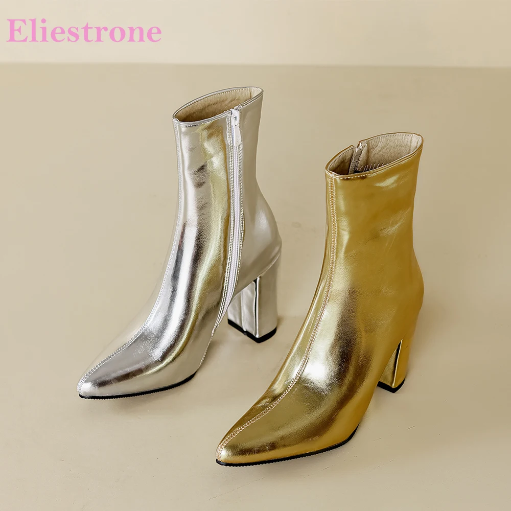 

Новинка 2025 года, зимние элегантные золотистые, серебряные сапоги до середины икры для верховой езды на высоком квадратном каблуке, женские модельные туфли, большие размеры 32 43 46