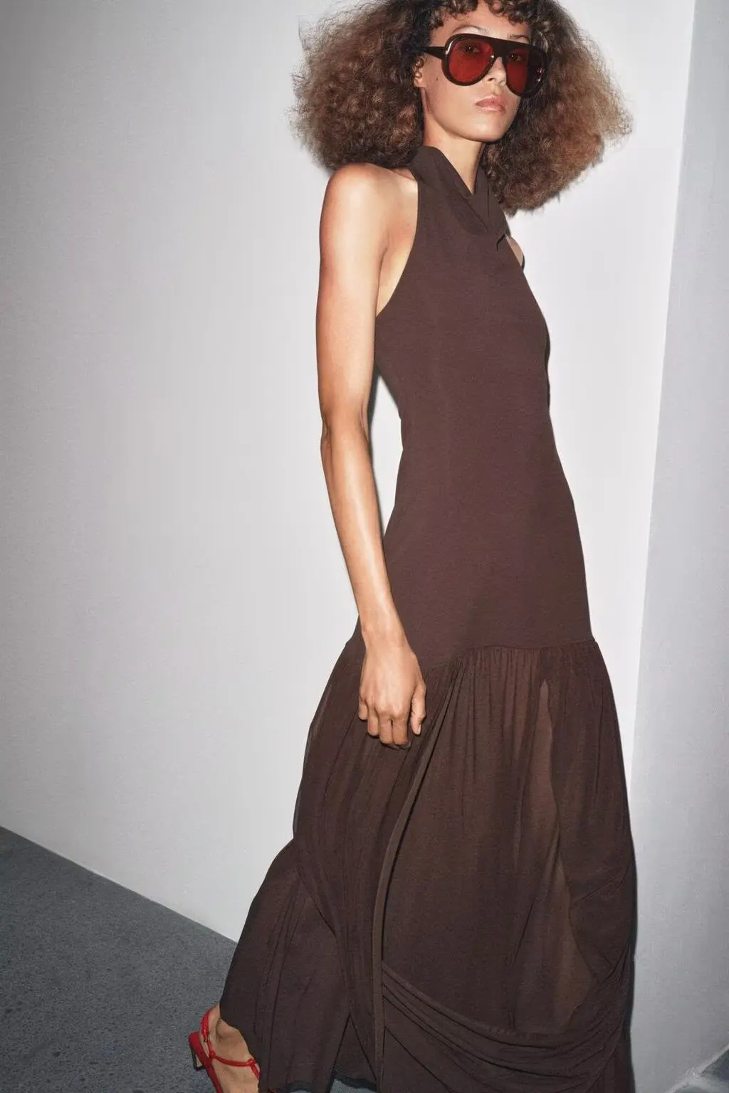 

BB6757 ZA25 Autumn New Women's Retro Splicing Chiffon Hanging Neck Naked Neck Midi Long Dress 1198453