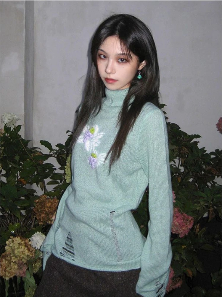 Women Y2k Aesthetic Slim Hole Knitwear Sweet Sweaters Vintage Jacquard Streetwear Jumpers Grunge Turtleneck Harajuku Pullovers