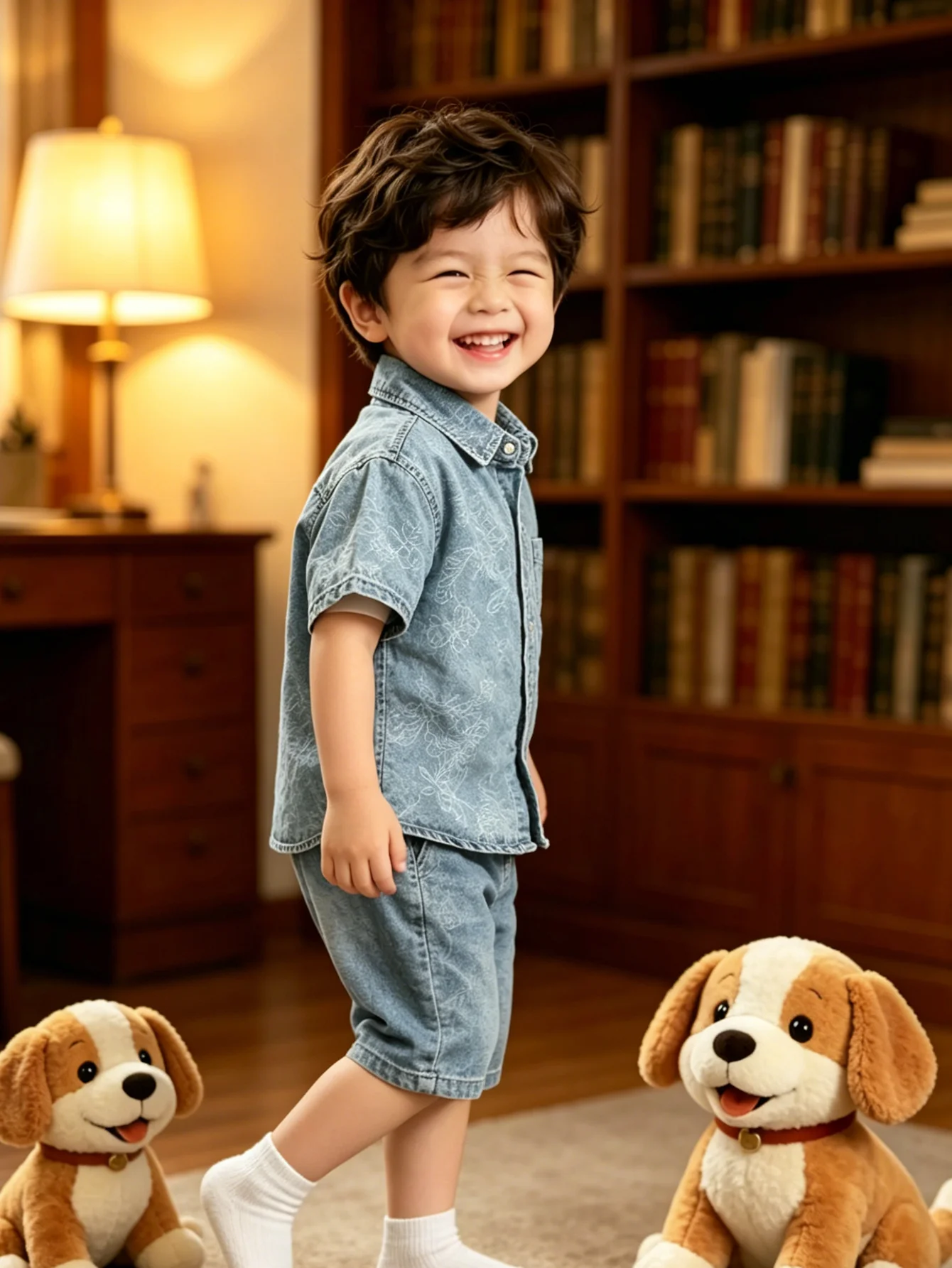 Toddler Boy Denim Co-ord Set, Floral Embossed Short Sleeve Shirt & Matching Shorts, Light Wash Summer Casual Wear For Kids