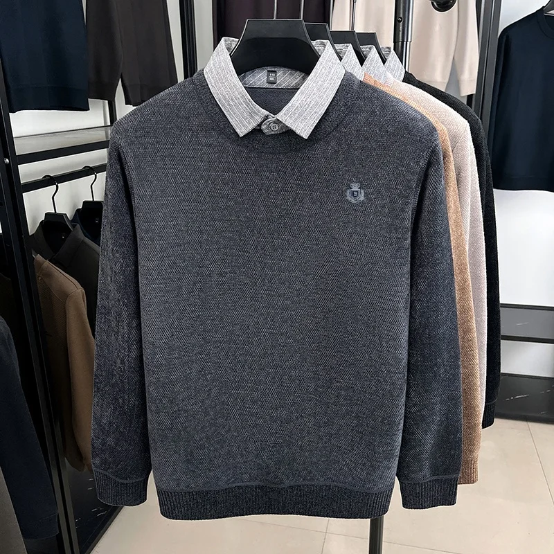 Gran oferta de suéter de punto falso de dos piezas con solapa para hombre de invierno, diseño de gama alta, estampado de insignia, terciopelo cálido, ropa de moda de manga larga para hombre