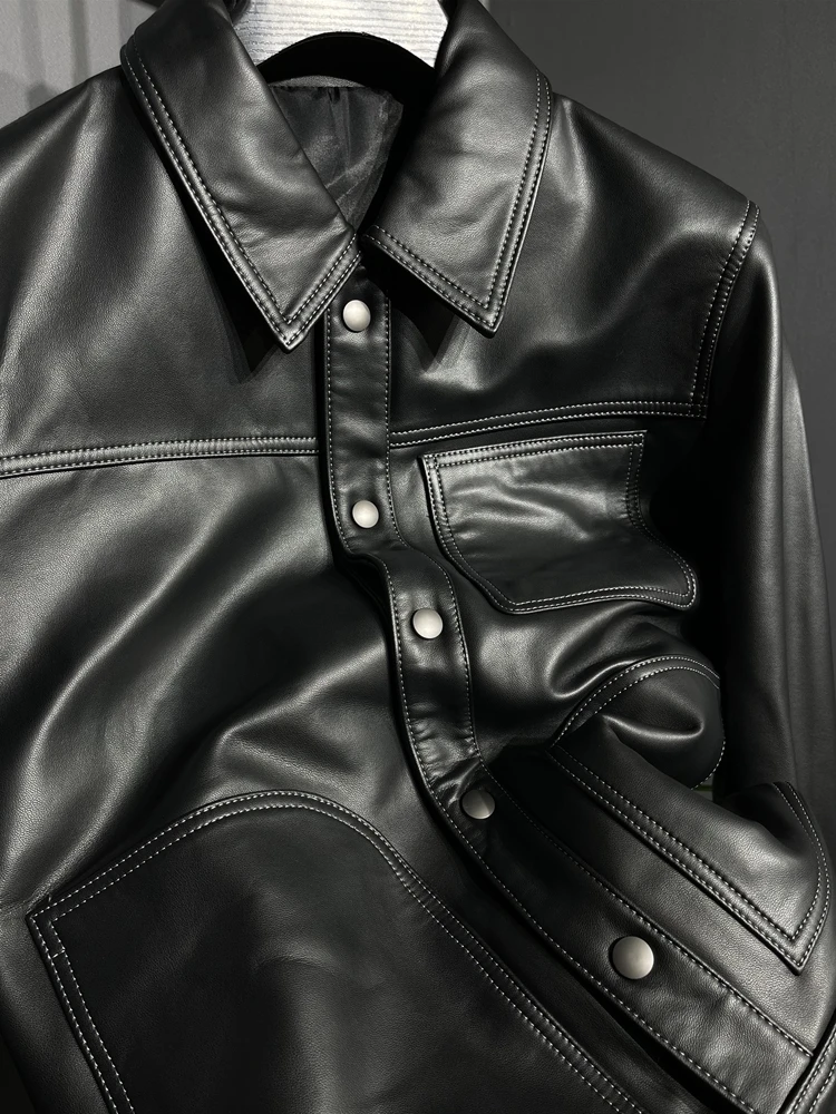 Wood Giant 1W New Zealand Sheepskin Men's Business Casual Lapel Workwear Patch Pocket Genuine Leather Jacket Coat