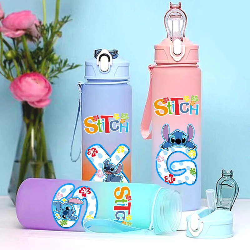 Lilo & Stitch 750ML 영어 알파벳 학생 애니메이션 그라디언트 밀짚 물병 성인 피트니스 컨버터블 밀짚 플라스틱 물병