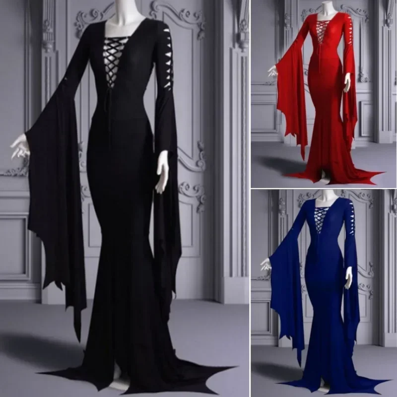 Medieval Vampire Black Lace Up Gown Robe For Women S-5XL Sexy Witch Ghost Halloween Costume Morticia Addam Gothic Maxi Dress