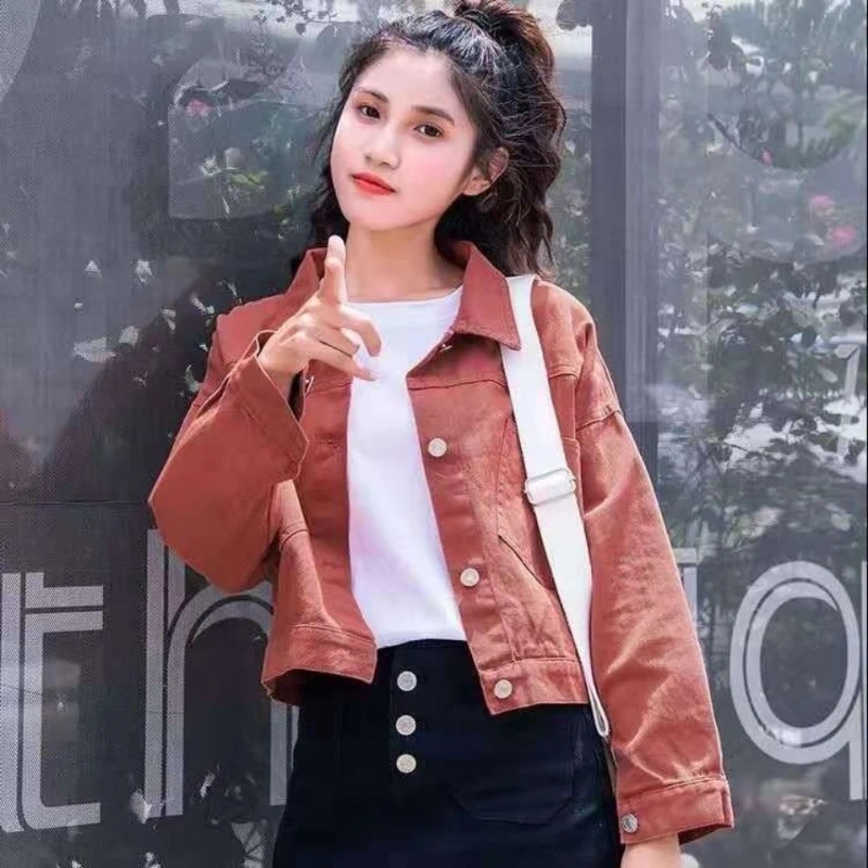 Blue Outerwears Crop Short Green Female Jeans Coat Small Plain Women's Denim Jackets 2024 Fashion Demi-season Models Streetwear