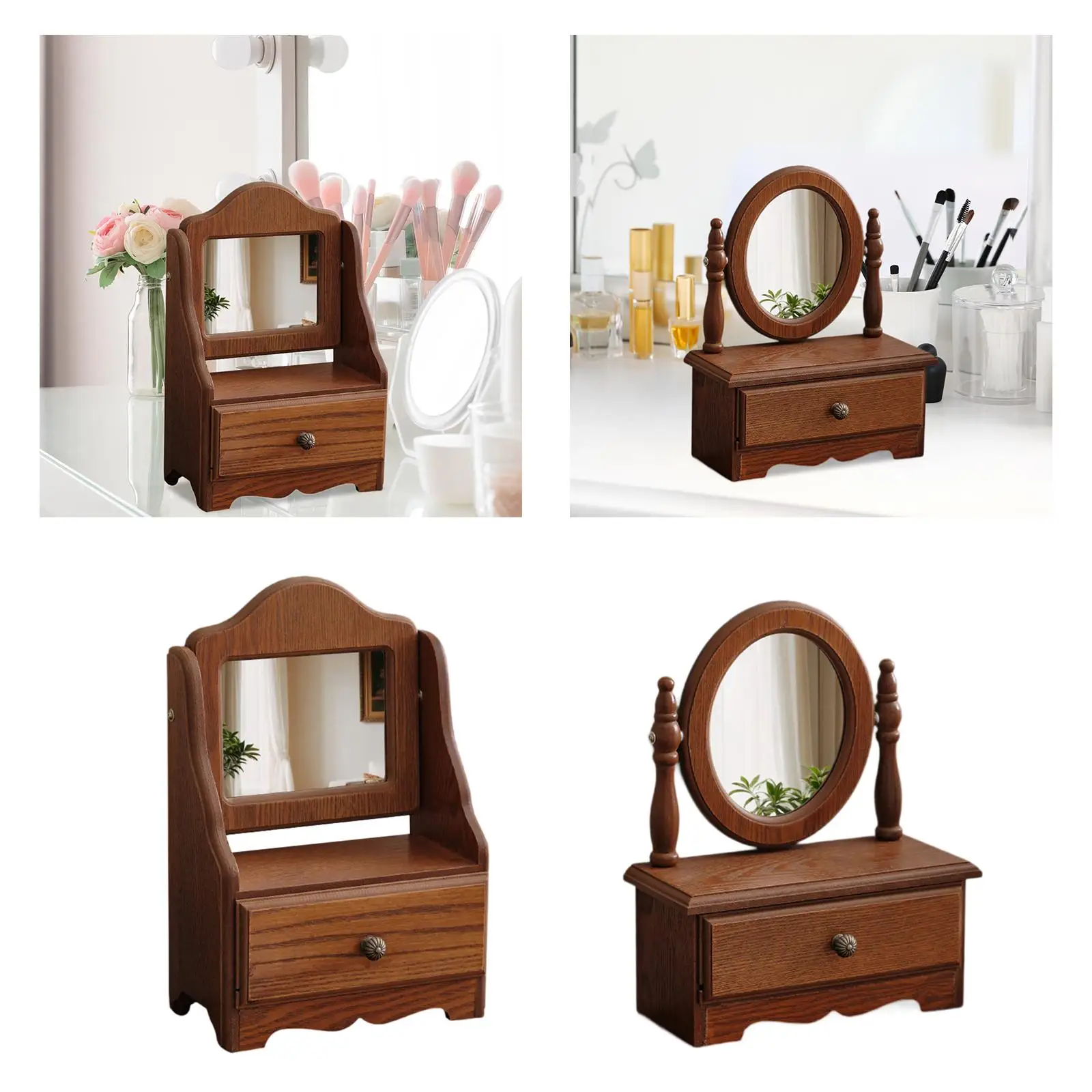 Wood Desk Makeup Mirror Birthday Gift Dressing Mirror Desktop Decoration Countertop Mirror for Bathroom Bedroom Living Room Girl