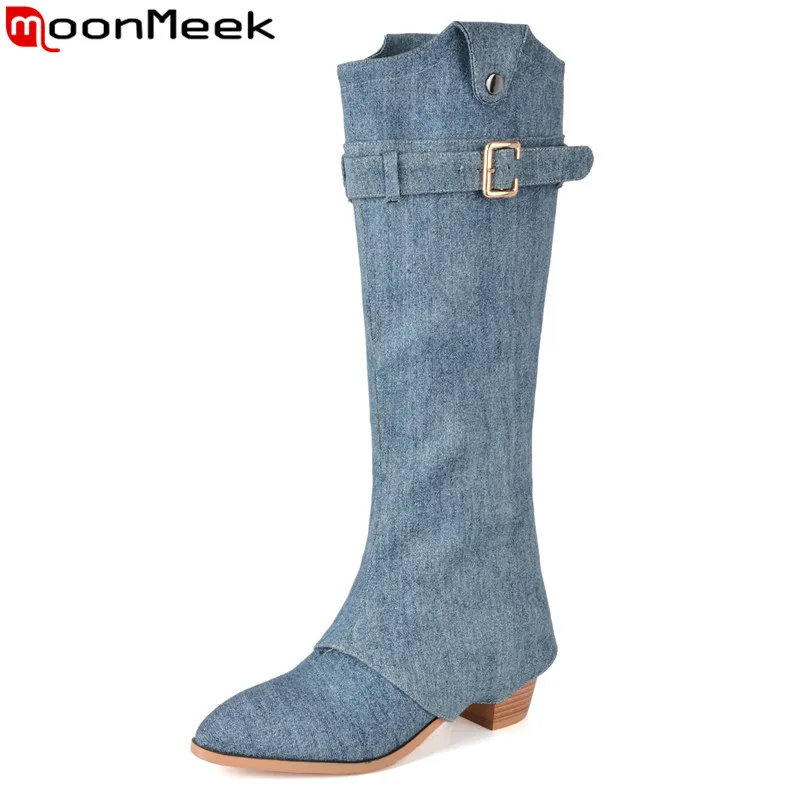 

MoonMeek 2023 New Pointed Toe Denim Slip On Winter Boots Square High Heels Buckle Boots Top Sale Ladies Pleated Knee High Boots