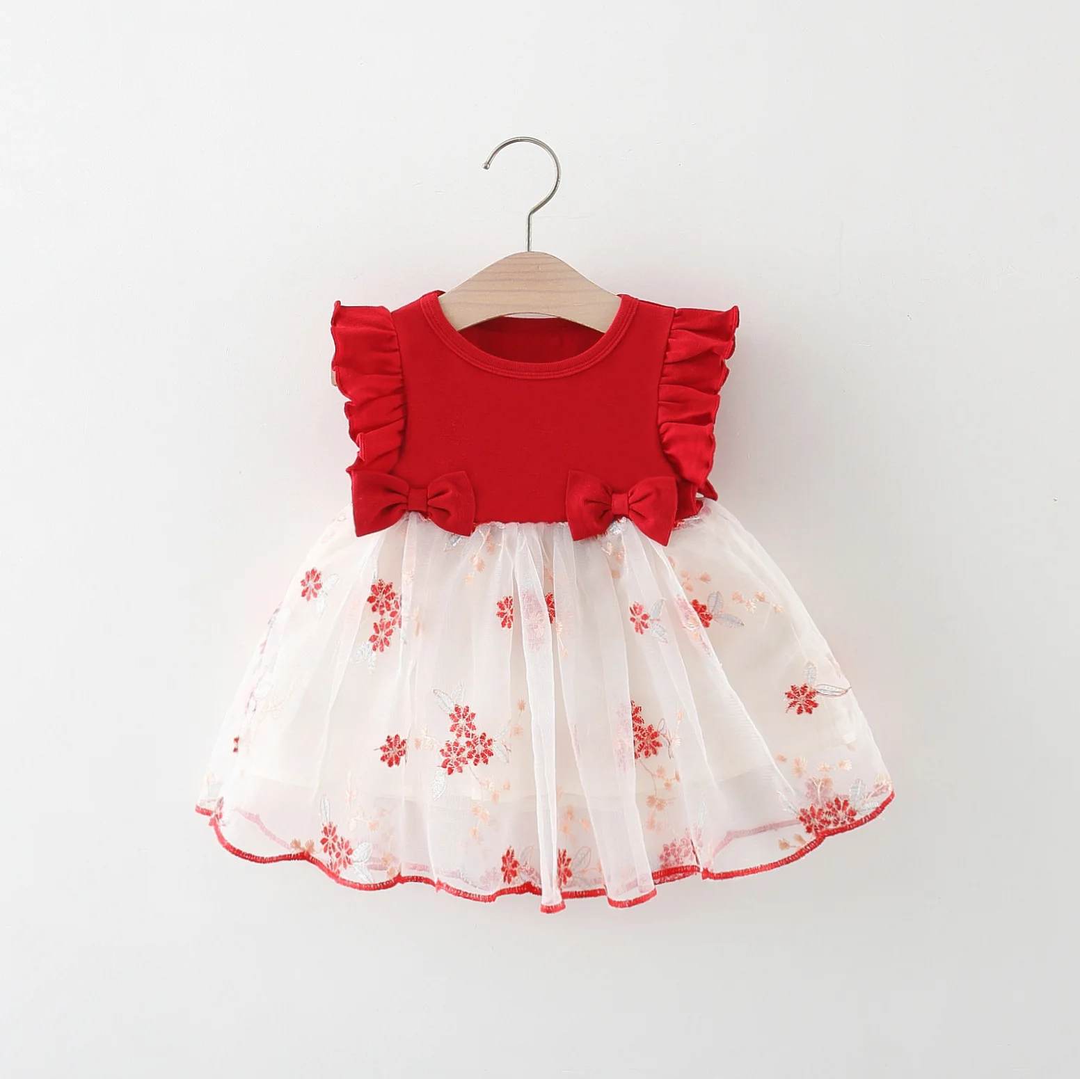 Summer New Girl Baby Dress Mesh Flower Embroidery Bow Small Flying Sleeves Fluffy Dress Sweet Princess Dress