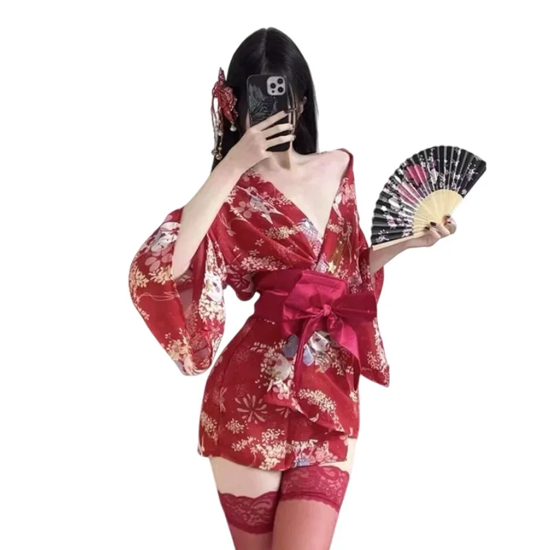 

Japanese Sexy Kimono Uniform Anime Cosplay Costume Bath Robe with Waist Belt Women Tempting Sleepwear Lingerie Haori Homewear