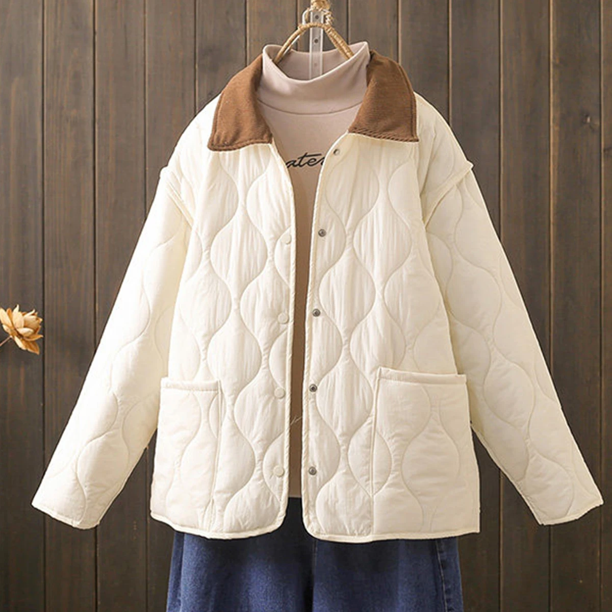 Women Drop Shoulder Water Drop Quilted Padded Jacket 2026 Corduroy Contrast Collar Button Loose Warm Short Coat with Pockets