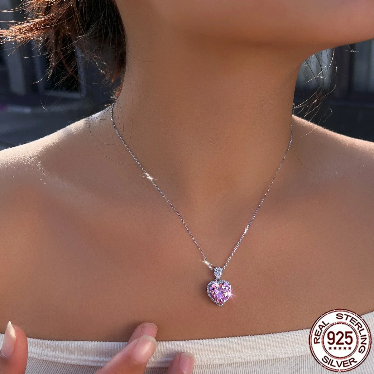 QooLady 925 Sterling Silber Herzförmige Rosa CZ Anhänger Halskette Glänzende Kette Jubiläums-Geburtstagsgeschenk für Sie SD081 – Detail 10