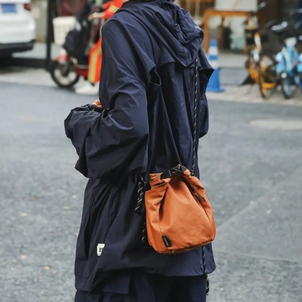 

Korean Style Drawstring Bucket Bag Handbag Purse Nylon Shoulder Bag Adjustable Shoulder Strap Solid Color Small Crossbody Bag