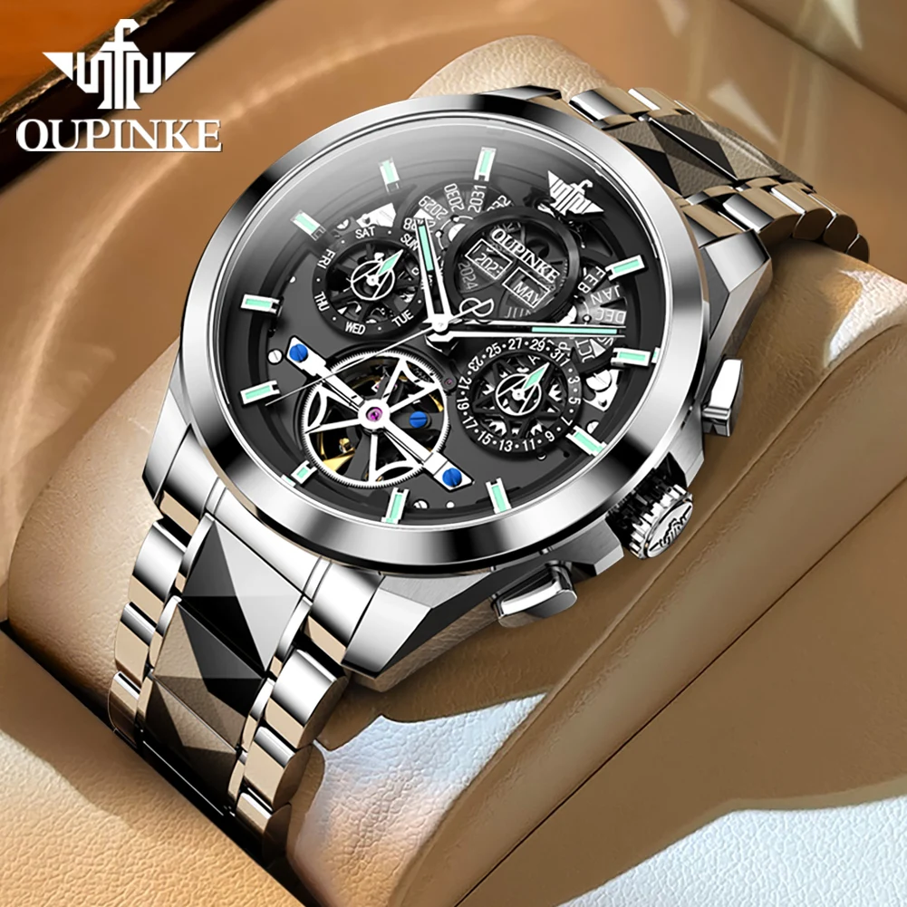 OUPINKE 3233 Automatic Men Watches Multi functional Flywheel Dial Luminous Waterproof Mechanical Watch for Men